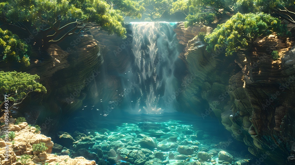 Serene Waterfall in Enchanting Forest with Lush Moss, Generative AI Serene Waterfall in Enchanting Forest with Lush Moss, Generative AI