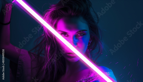 Female carry neon full sword in dark night, neon light effect her face © Anjum Ilyas