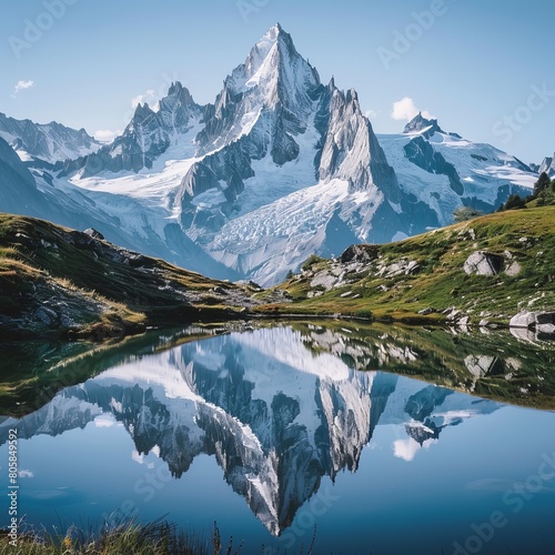 Serene landscape portraying the stunning beauty of mountains reflected in the still water of a clear alpine lake, under blue skies
