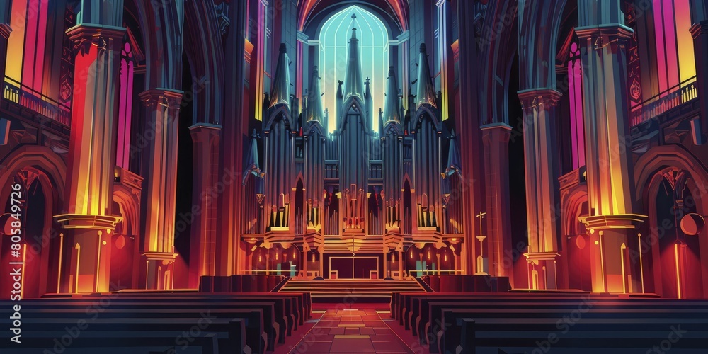 Obraz premium A grandiose Gothic cathedral hosting a Juneteenth concert, organ pipes adorned in celebration colors.
