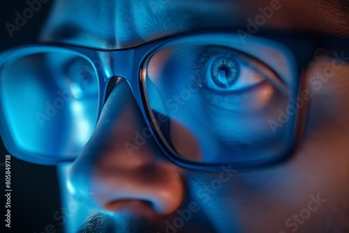 Close-Up of Man s Eyes with Glasses in Blue Light