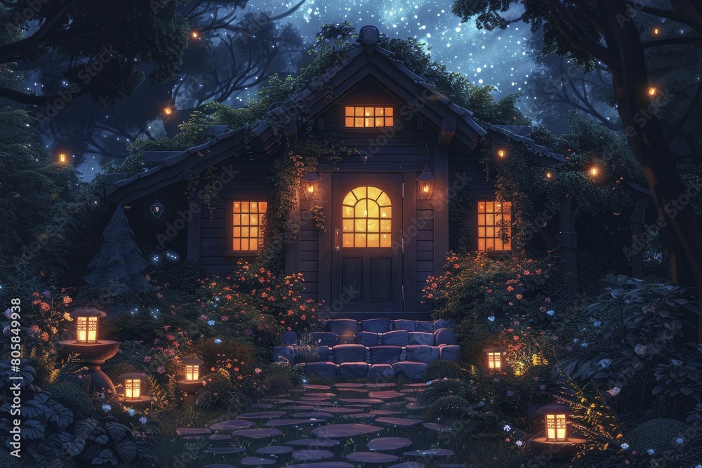 Fototapeta premium Nestled in the heart of a magical forest, a charming wooden cottage glows with the warm light of Midsummer lanterns.