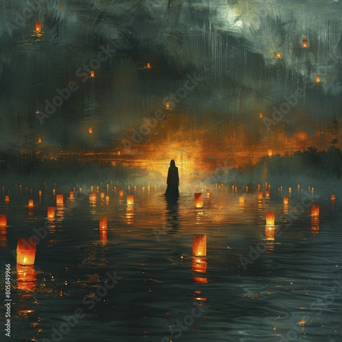 A silhouetted figure setting lanterns adrift on a calm Midsummer night, wishes and whispers. © Manyapha