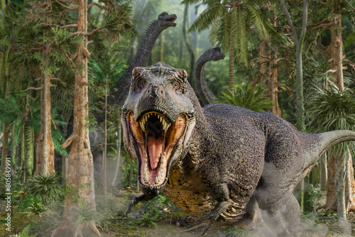 ティラノサウルスが大きな口を開けて威嚇をする