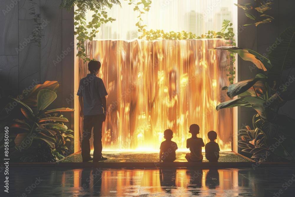 Dad and children building an indoor waterfall that flows with light instead of water.
