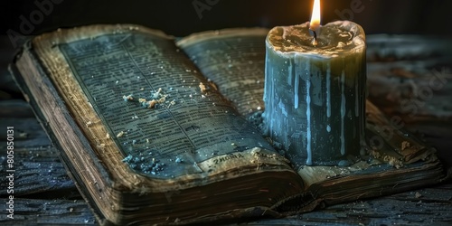 Beside a flickering candle, an old book of Midsummer legends lies open, its stories reawakening in the dim light. photo