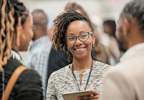 A smartly dressed African American woman holding a tablet at a professional networking event photo