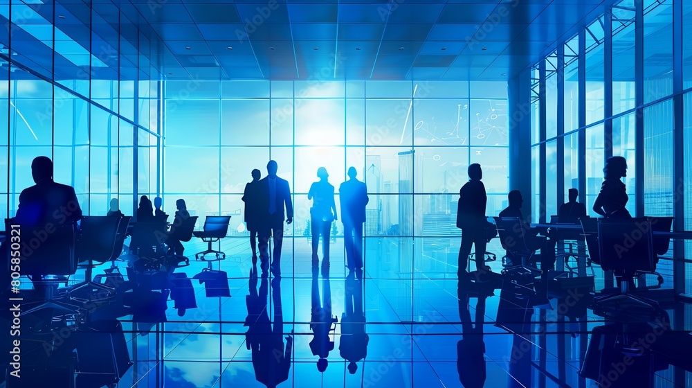 A diverse group of businesspeople standing in front of a window, engaged in conversation and looking out at a cityscape. Generative AI A diverse group of businesspeople standing in front of a window, engaged in conversation and looking out at a cityscape. Generative AI