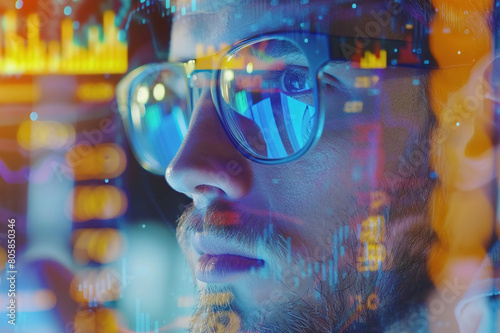 Wallpaper Mural Stock market, graphs and man with vision, tablet and overlay with business, data and information. Torontodigital.ca