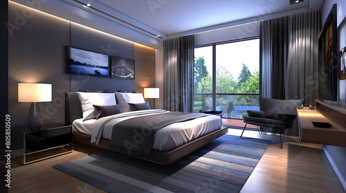 Modern bedroom interior with a bed, sofa and TV in the corner by a large window overlooking a forest, with a dark gray color scheme accented with light blue