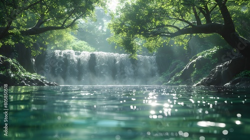 Serene Waterfall in Enchanting Forest with Lush Moss  Generative AI