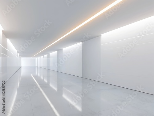 Bright and airy corridor featuring a minimalist design with clean lines and reflective surfaces.