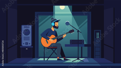 Inside a dimly lit sound booth a musician strums a guitar while recording the perfect riff for their upcoming vinyl album. Vector illustration photo