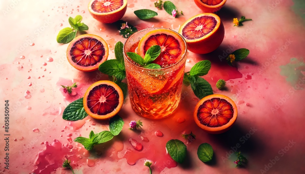 Image of an Aperol and Blood Orange-Mint Spritz drink in a glass Image of an Aperol and Blood Orange-Mint Spritz drink in a glass
