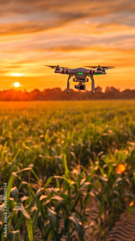 Drone Flying Over Crop Field at Sunset Drone Flying Over Crop Field at Sunset