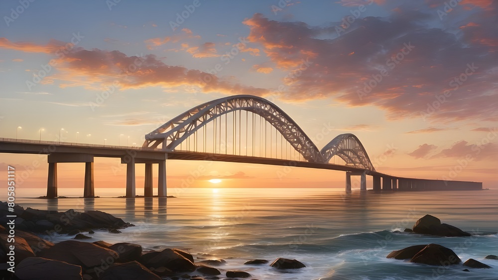 Naklejka premium At sunset, a bridge spans the ocean.