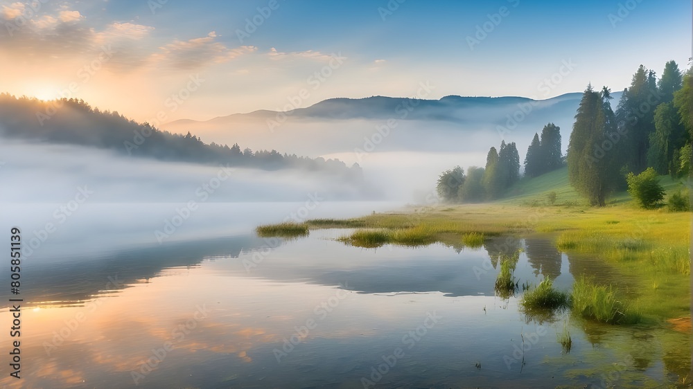Fototapeta premium The misty Lacu Rosu Lake picture in the morning. A misty summer sunrise in Romania's Harghita County, Europe. Background of the idea of the beauty of nature.