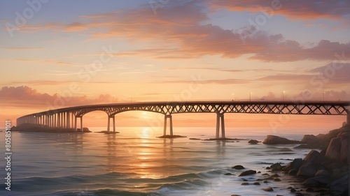 At sunset, a bridge spans the ocean. © Ashan