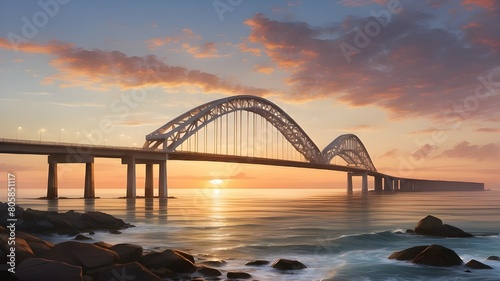 At sunset, a bridge spans the ocean.
