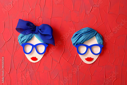 Portrait of two women with blue hair and glasses on a red background, in a collage technique photo