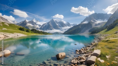 Beautiful summertime view of Lac Blanc Lake with Mount Blanc in the distance