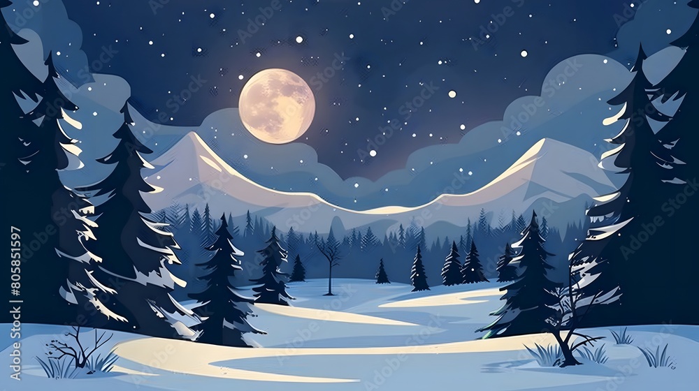 A serene winter night under a glowing full moon