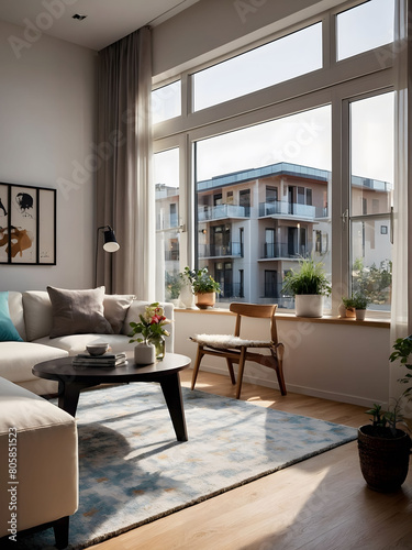Contemporary Comfort  Illustration Showcasing a Light-Filled Apartment with Generous Windows.