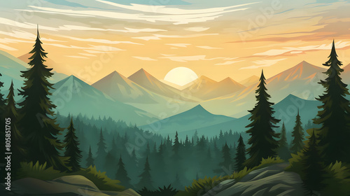 sunrise over alpine pines, evergreen canopy with rocky mountain backdrop photo