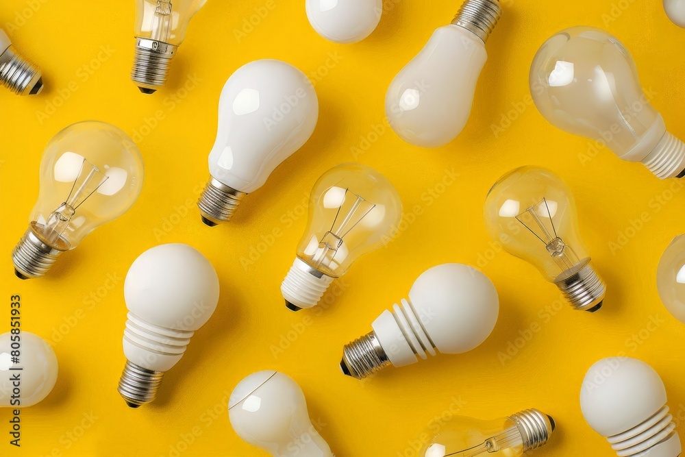 different energy saving light bulb on a yellow background different energy saving light bulb on a yellow background