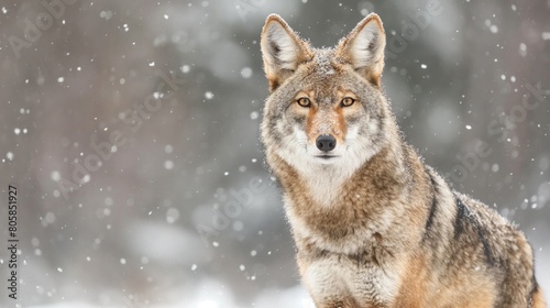 Coyote in Gentle Snowfall in Winter Forest