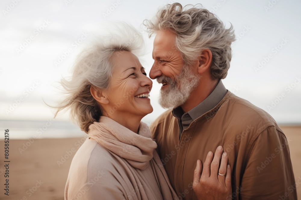 Happy Elderly Couple Embracing on Beach at Sunset