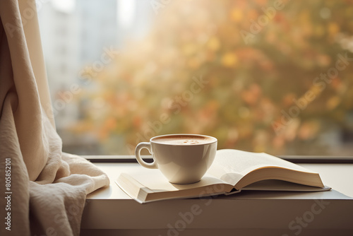 A white coffee cup sits on a table next to an open book. The scene is peaceful and relaxing, with the warm coffee and the book providing a sense of comfort and calm