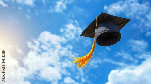 Graduation hat with a tassel soars in the blue sky, Black student hat high into the blue sky photo