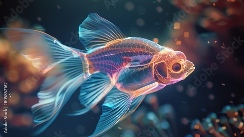 Artistic 3D representation of a fish, rendered with glowing edges against a deep, dark background, focusing on the elegance of its movements