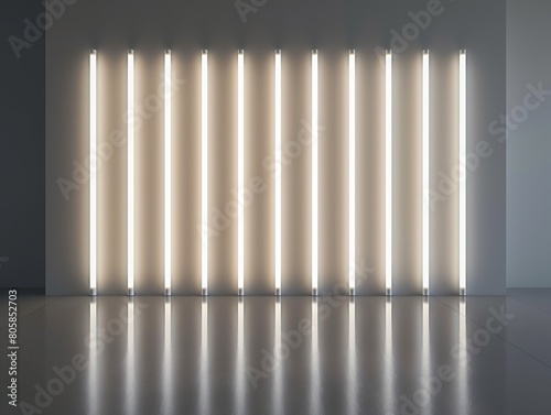 A line of vertical fluorescent lights in a minimalist interior setting  reflecting on a sleek floor.