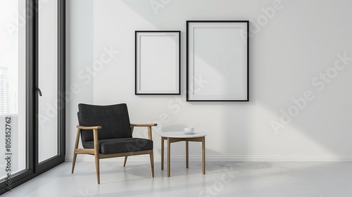 Frame mockup, comfortable chair and modern white wall room interior, 3d render © woojooo