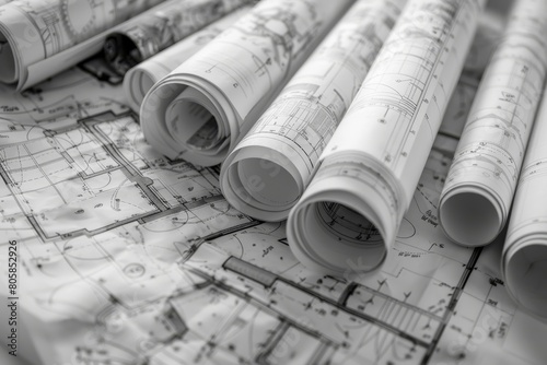 Architectural plan and technical project drawing on rolls for construction and engineering design