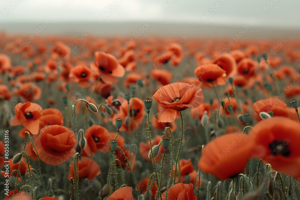 Obraz premium A poppy field in bloom, a poignant symbol of remembrance for fallen soldiers, concept of remembrance and sacrifice.