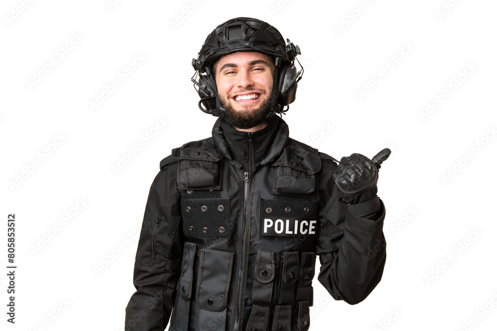 SWAT over isolated chroma key background pointing to the side to present a product SWAT over isolated chroma key background pointing to the side to present a product