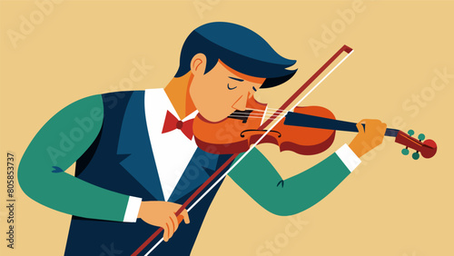 A violinist delicately drawing the bow across the strings of a preowned violin listening for any imperfections or cracks.. Vector illustration