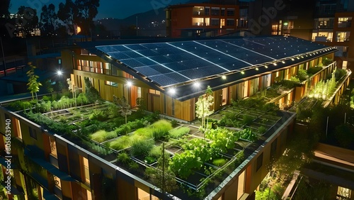 Community thrives under solarpowered lights rooftop gardens flourish in utopia of sustainability. Concept Eco-friendly living, Sustainable communities, Solar energy, Rooftop gardens © Anastasiia