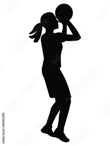 Black girl silhouette of a women's basketball player who jumps and throws the ball with two hands