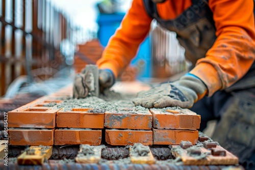 Close up of skilled industrial bricklayer installing bricks on construction site
