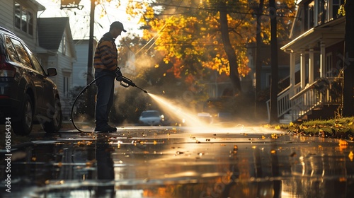 A dynamic shot of a man using a pressure washer to blast away dirt and grime from a weathered driveway.