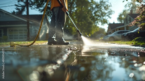 A dynamic shot of a man using a pressure washer to blast away dirt and grime from a weathered driveway.