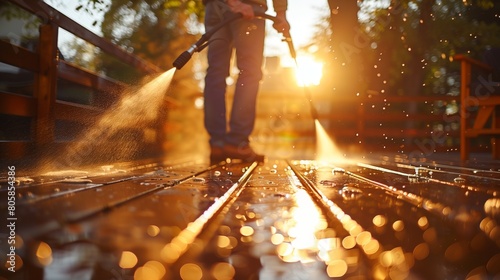 A dynamic shot of a man using a pressure washer to blast away dirt and grime from a wooden terrace.