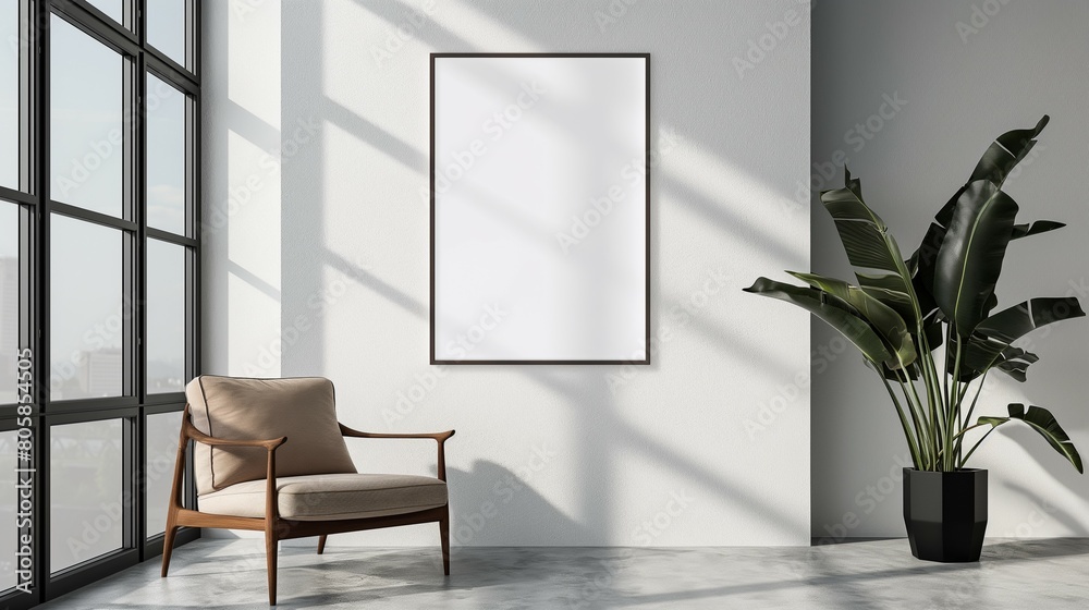 Frame mockup, comfortable chair and modern white wall room interior, 3d render Frame mockup, comfortable chair and modern white wall room interior, 3d render