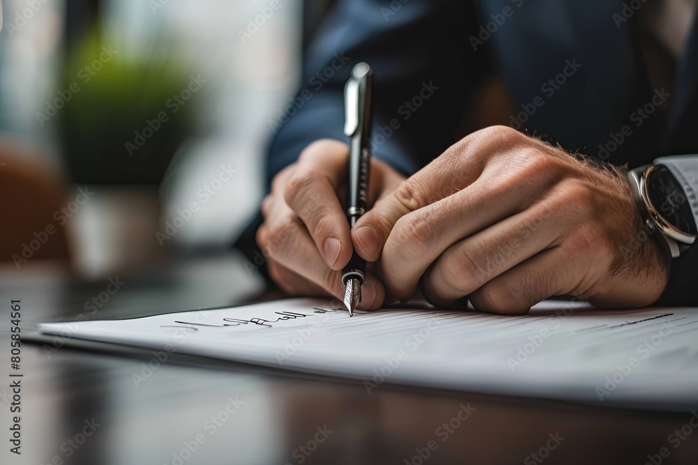 Signing a contract with a pen in a man's hand. Signing a contract with a pen in a man's hand.