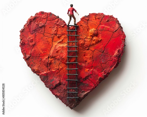 Over a white background an illustration in the style of Isidro Ferrer a big red heart shape with a ladder to the top and a man climbing it photo