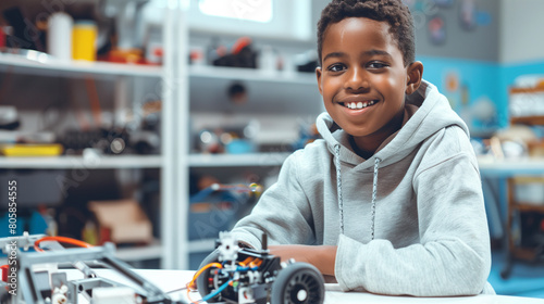 an African American 11-year-old boy goes to robotics classes in a bright modern laboratory